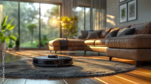 robotic vacuum cleaner on the floor in the living room  photo