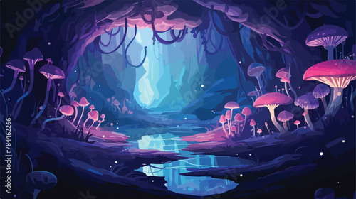 Mystical cave filled with glowing mushrooms and shi