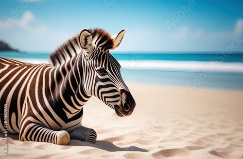 Zebra on the beach, summer postcard. holiday background