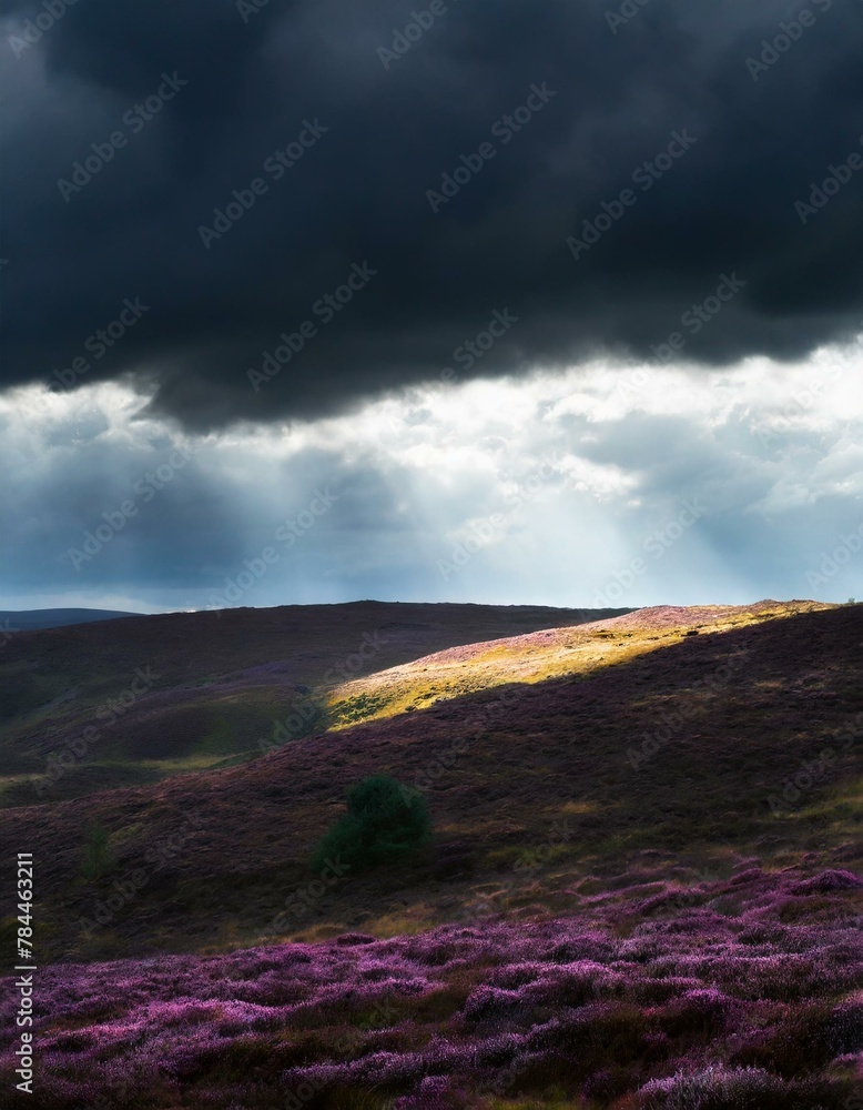 Rolling hills covered in purple heather and low shrubs under a stormy sky, reflecting the wild and windswept landscape of moorlands.