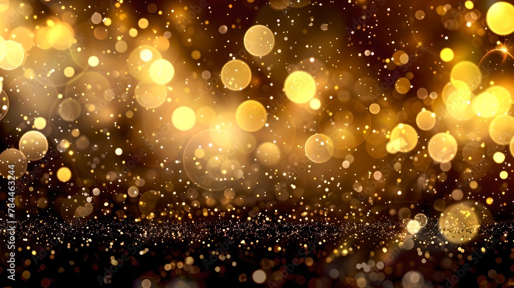 Golden bokeh lights and glitter, festive sparkling background. Elegant abstract illumination, holiday or event backdrop. Dreamy atmosphere. AI Golden bokeh lights and glitter, festive sparkling background. Elegant abstract illumination, holiday or event backdrop. Dreamy atmosphere. AI
