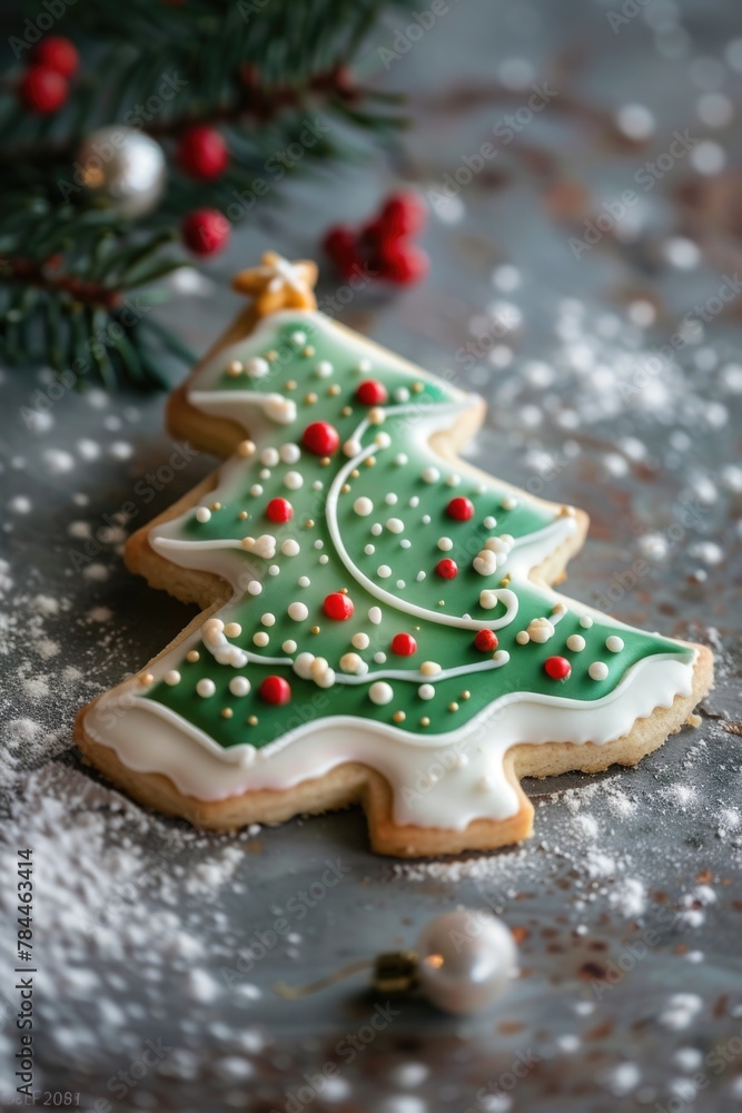 Festive Christmas tree cookie on a table, perfect for holiday themes Festive Christmas tree cookie on a table, perfect for holiday themes