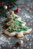 Festive Christmas tree cookie on a table, perfect for holiday themes