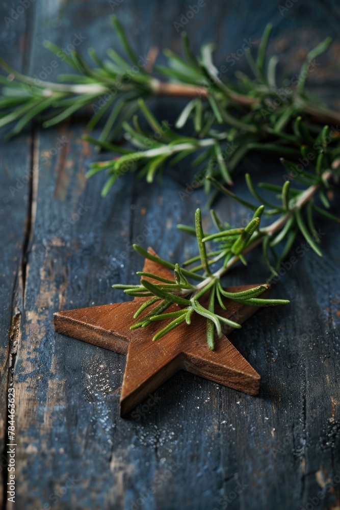 A wooden star with a sprig of rosemary, perfect for holiday decorations or rustic themed designs A wooden star with a sprig of rosemary, perfect for holiday decorations or rustic themed designs