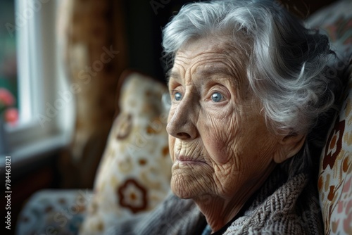 An old woman sitting in a chair looking out a window. Suitable for elder care or loneliness concepts