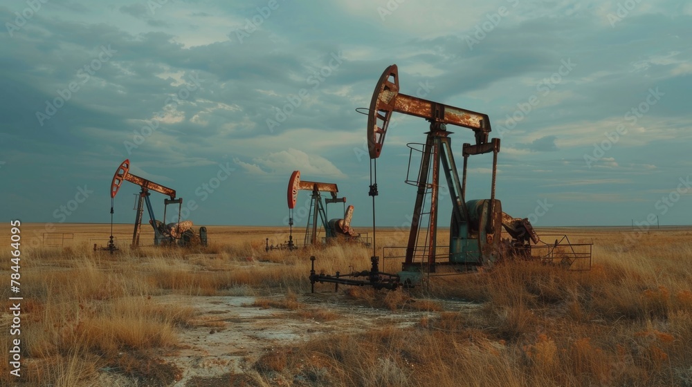 Oil pumps in a field, suitable for industrial concepts Oil pumps in a field, suitable for industrial concepts
