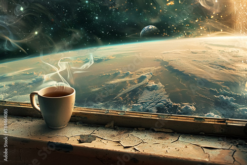 A steaming cup of tea sits on a cracked windowsill overlooking a stormy Earth from space.
