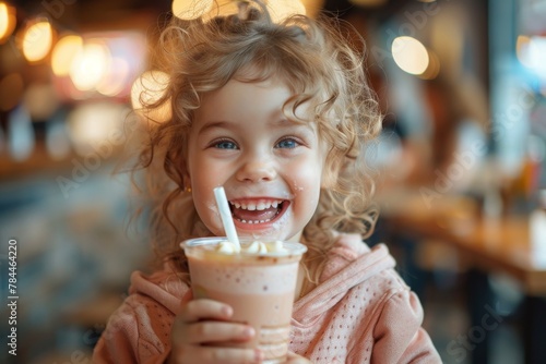 A gleeful child with bright blue eyes enjoys a chocolate milkshake  showing pure delight and a carefree moment