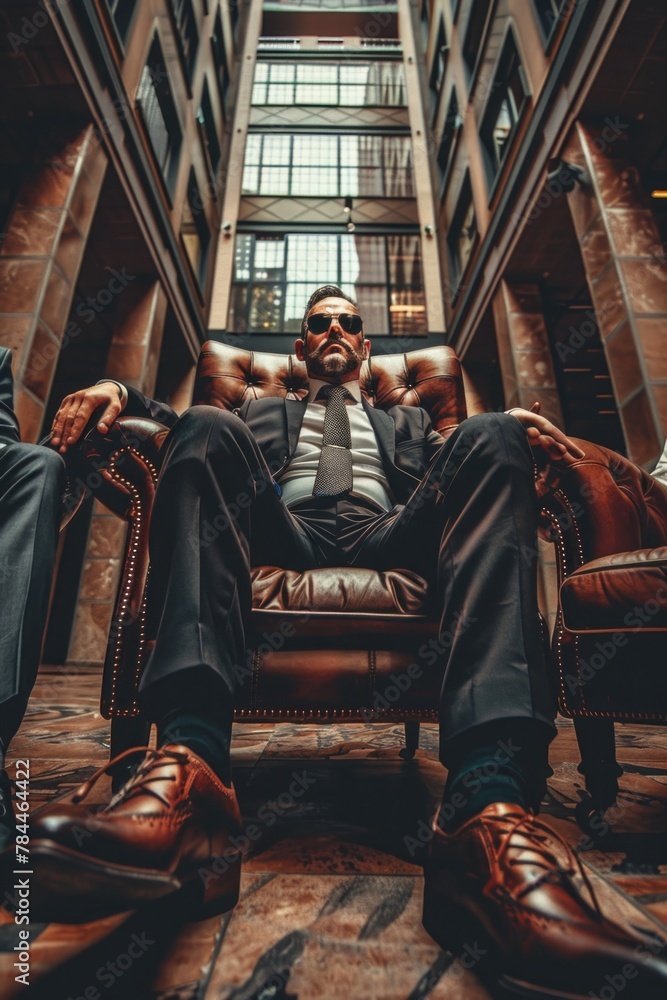 A man sitting in a chair inside a building. Suitable for office or corporate concepts