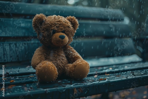 Amidst a shower of rain, a singular teddy bear sits abandoned on a park bench, invoking loneliness