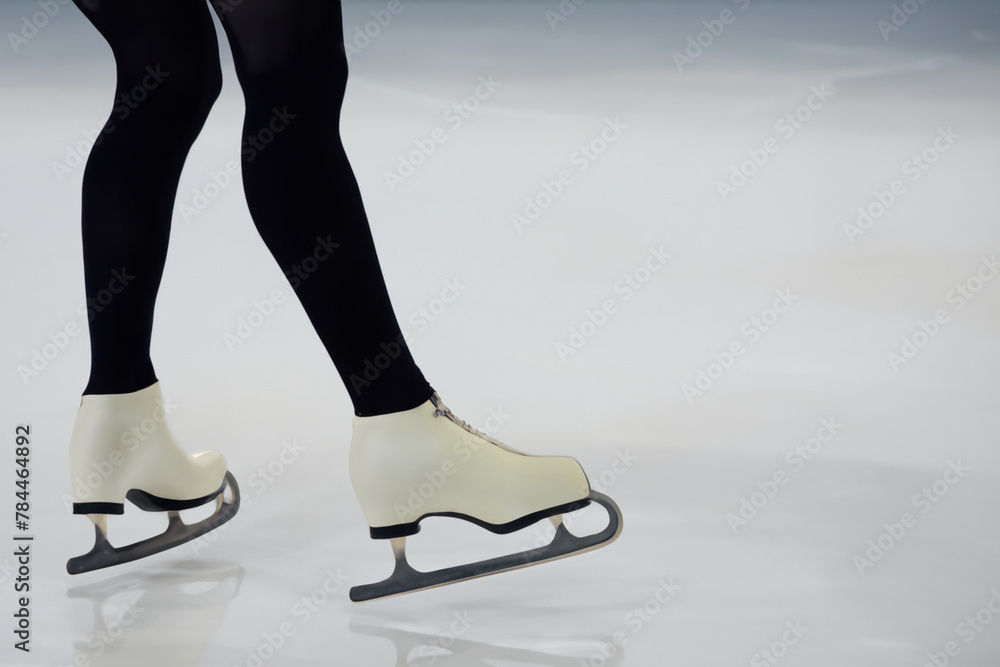figure skating. female legs in black leggings and white skates stand on the ice, close-up, sport concept figure skating. female legs in black leggings and white skates stand on the ice, close-up, sport concept