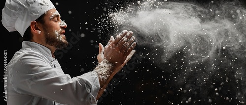 Man chef clapping hand with white flour dust exploding against a black backdrop with a big space for text or product advertisement, Generative AI.