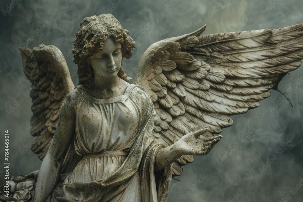 Fototapeta premium A beautiful angel statue holding a delicate flower. Perfect for religious or memorial designs