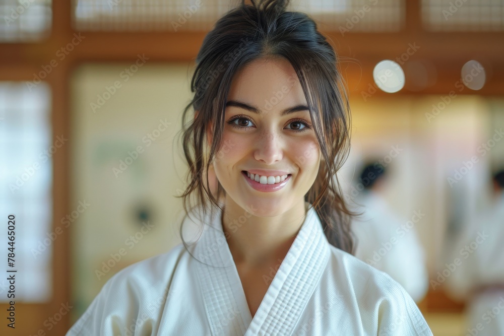 A female martial artist with a friendly smile, wearing a traditional white gi, in a dojo with blurred background A female martial artist with a friendly smile, wearing a traditional white gi, in a dojo with blurred background