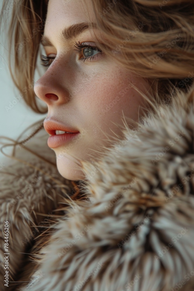 A woman in a fur coat looking away from the camera. Suitable for fashion or winter-themed projects A woman in a fur coat looking away from the camera. Suitable for fashion or winter-themed projects