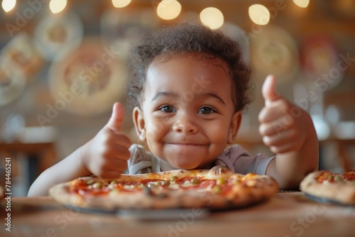 A young boy with curly hair, giving thumbs up in approval of the pizza in front of him