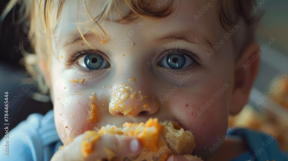 Naklejka premium A young child eating a piece of food. Suitable for family mealtime illustrations