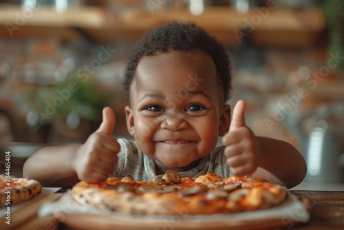 Cheerful child with curly hair giving a big smile and thumbs up to a delicious pizza in front of them