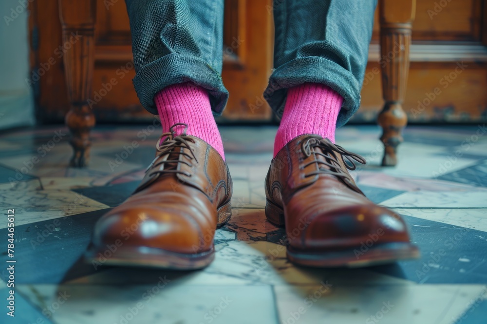 A close-up of a person's feet showcasing stylish brown leather shoes paired with vibrant pink socks