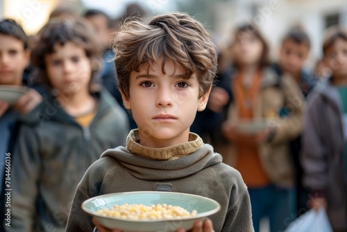 A young boy with a solemn expression holds out a bowl of corn with peers in the background