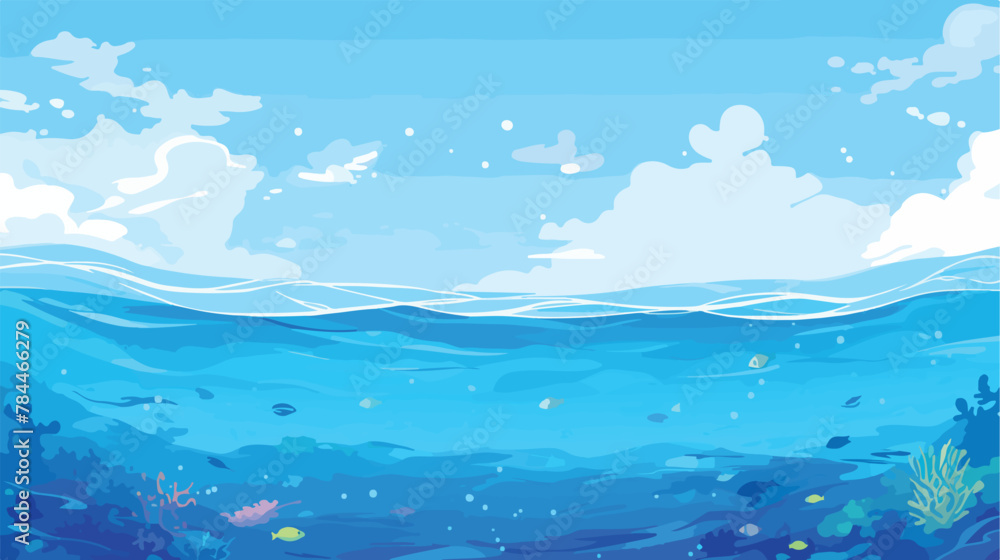 Ocean on blue sky. .. 2d flat cartoon vactor illustration