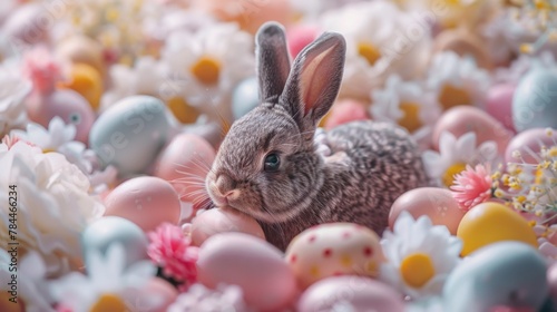 A cute rabbit sitting among colorful Easter eggs. Perfect for Easter holiday designs © Fotograf