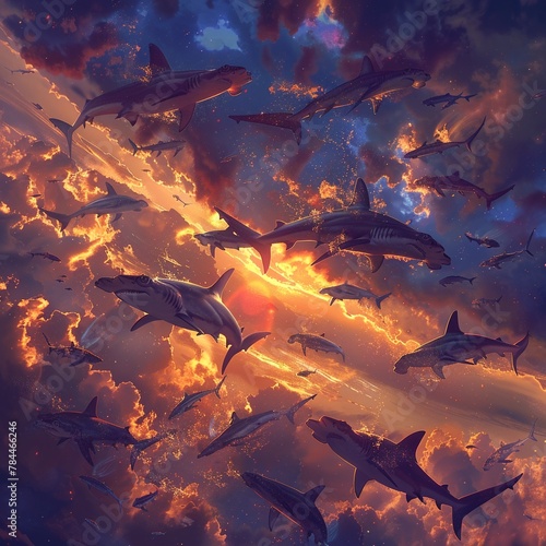 A fantastical vision of flying hammerhead sharks gliding through the heavens, their distinctive silhouettes unmistakable against the sky, 8K