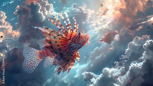 A fantastical scene unfolds as flying lionfish glide gracefully through the clouds, their spiky fins trailing behind, highresolution