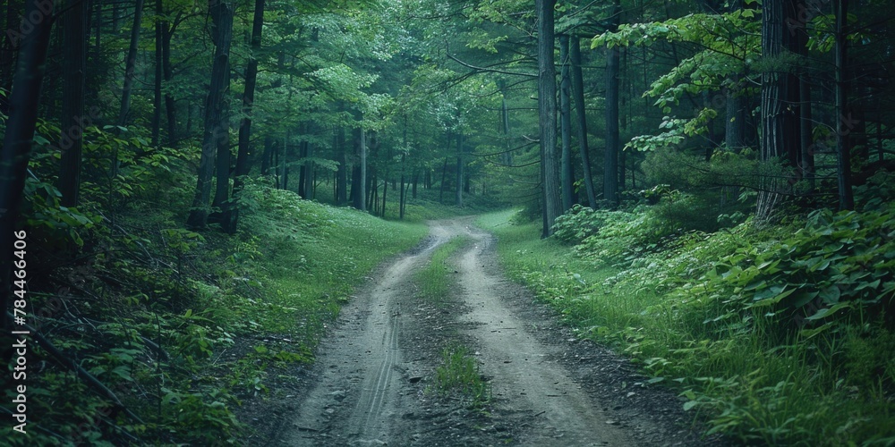 Obraz premium A scenic view of a dirt road in a dense forest. Suitable for nature and travel concepts