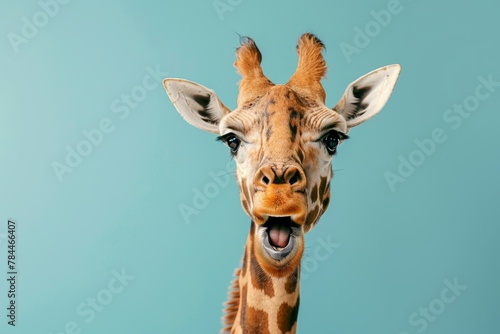 Delightful close-up of a giraffe appearing to smile with an affable expression, set over a blue sky-like background