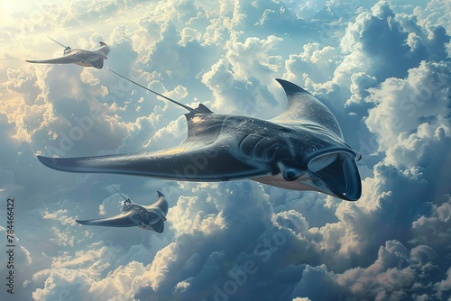 A surreal depiction of flying manta rays gliding effortlessly through the clouds, their wings spanning wide, film stock photo