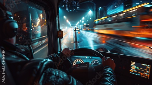 View from inside the cab of the truck. The truck is driving down the road. Car transport. Truck driver's perspective, on the move. © Евгений Федоров