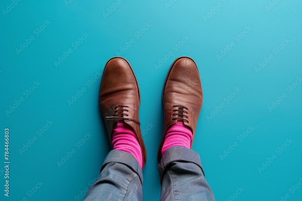 Clean shot of a person wearing brown leather shoes and pink socks against a plain blue backdrop Clean shot of a person wearing brown leather shoes and pink socks against a plain blue backdrop