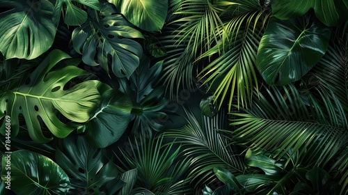 Green tropical leaves in dark background. Deep green foliage set against a dramatic dark background.