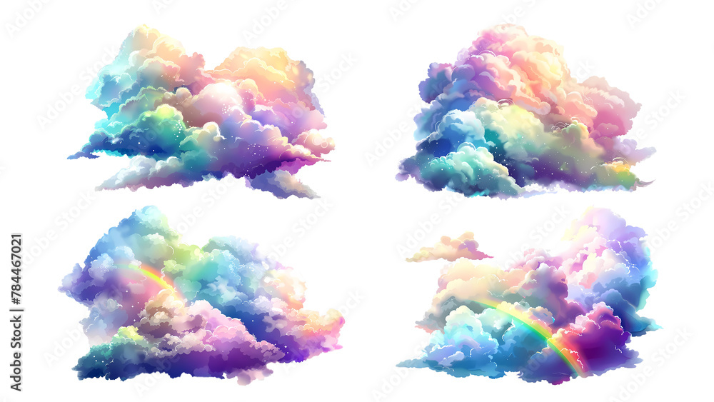 Colorful rainbow cloud clip art set, illustration on a white background, in a colorful cartoon style, in a watercolor style, in a fantasy style, with a simple design, simple details