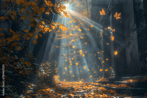 A forest with a path in the middle and leaves falling from the trees. The leaves are orange and the sunlight is shining through the trees. Generative AI