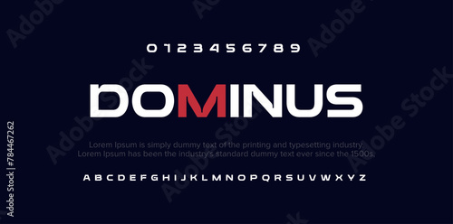 Dominus Modern abstract digital alphabet font. Minimal technology typography, Creative urban sport fashion futuristic font and with numbers. vector illustration