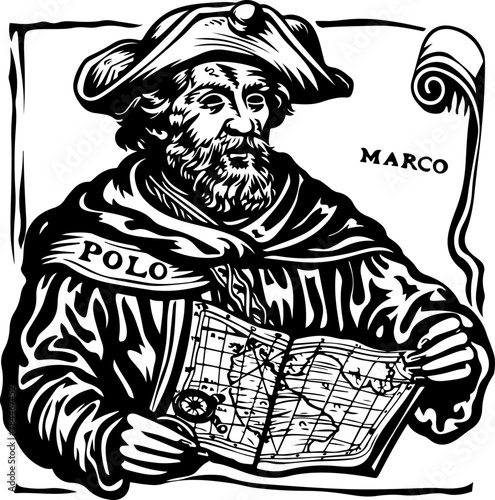 Marco Polo, the famed explorer, depicted with a map, perfect for travel and adventure literature.