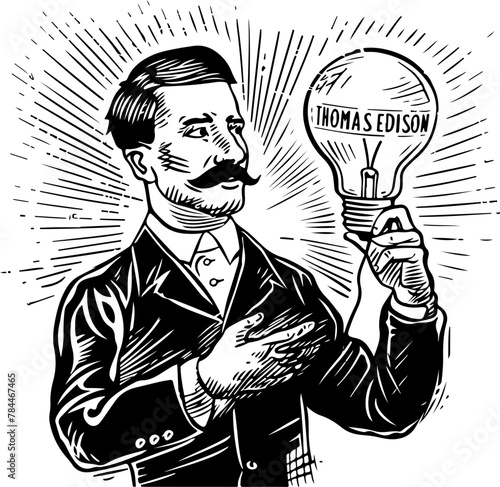 Fotografía Captivating illustration of Thomas Edison with a glowing light bulb, symbolizing innovation and discovery