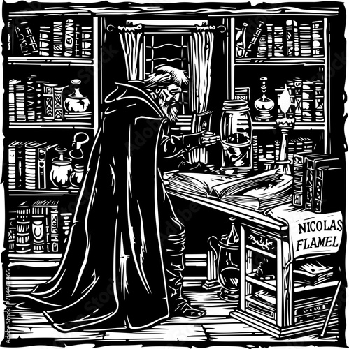 Black and white depiction of Nicolas Flamel engrossed in alchemical work, perfect for historical and mystical themes. photo