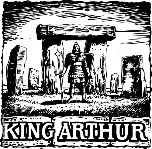 King Arthur stands before Stonehenge, invoking the myth and magic of Camelot, perfect for historical lore.