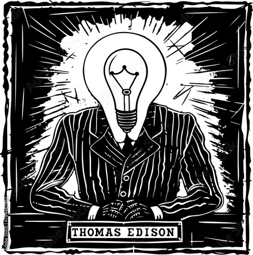 Artistic representation of Thomas Edison with a light bulb head, celebrating his bright contributions to science.