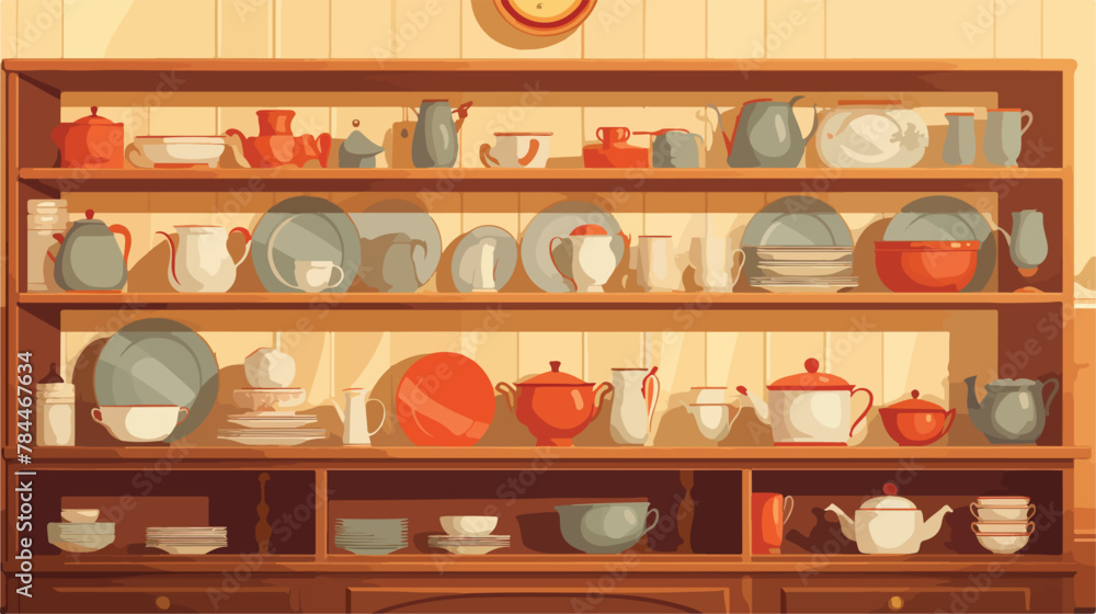 Old dishes on the shelves. Vintage kitchen view fro