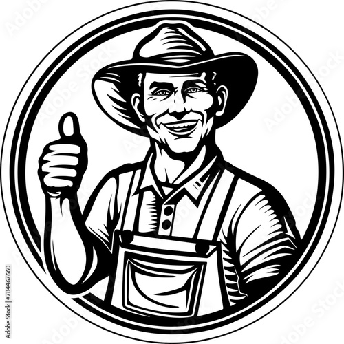 A vector badge featuring a smiling farmer in a hat, giving a thumbs up, perfect for agricultural and farm services branding.