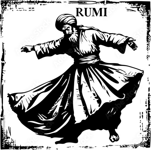 Rumi, whirling dervish, symbolizing spiritual dance, perfect for cultural and religious education materials