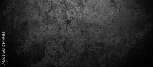Dark black wall grunge textured concrete backdrop background. Panorama dark grey black slate gradient background or texture. Vector black concrete texture. Stone wall background. 
