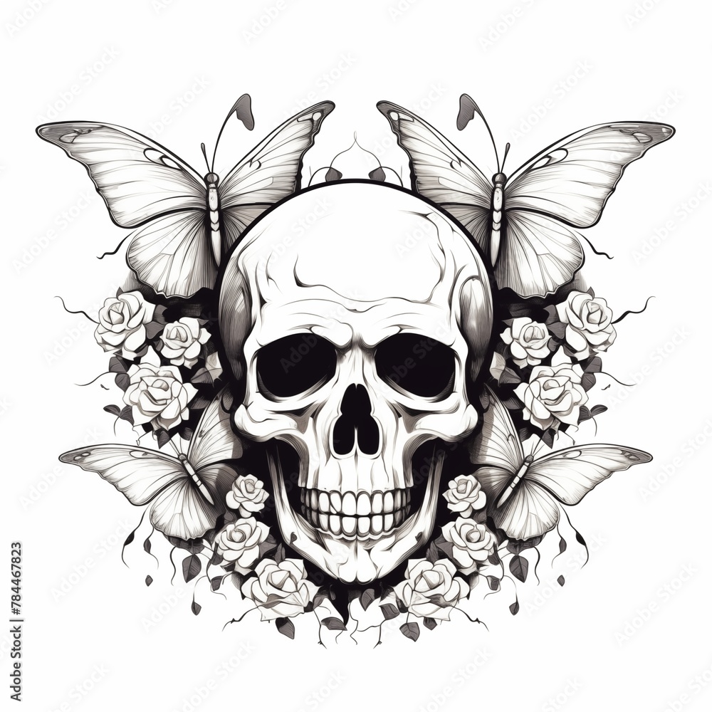 Black-eyed graphic image of human skull with butterflies on white background. For tattoo decoration. AI generated Black-eyed graphic image of human skull with butterflies on white background. For tattoo decoration. AI generated