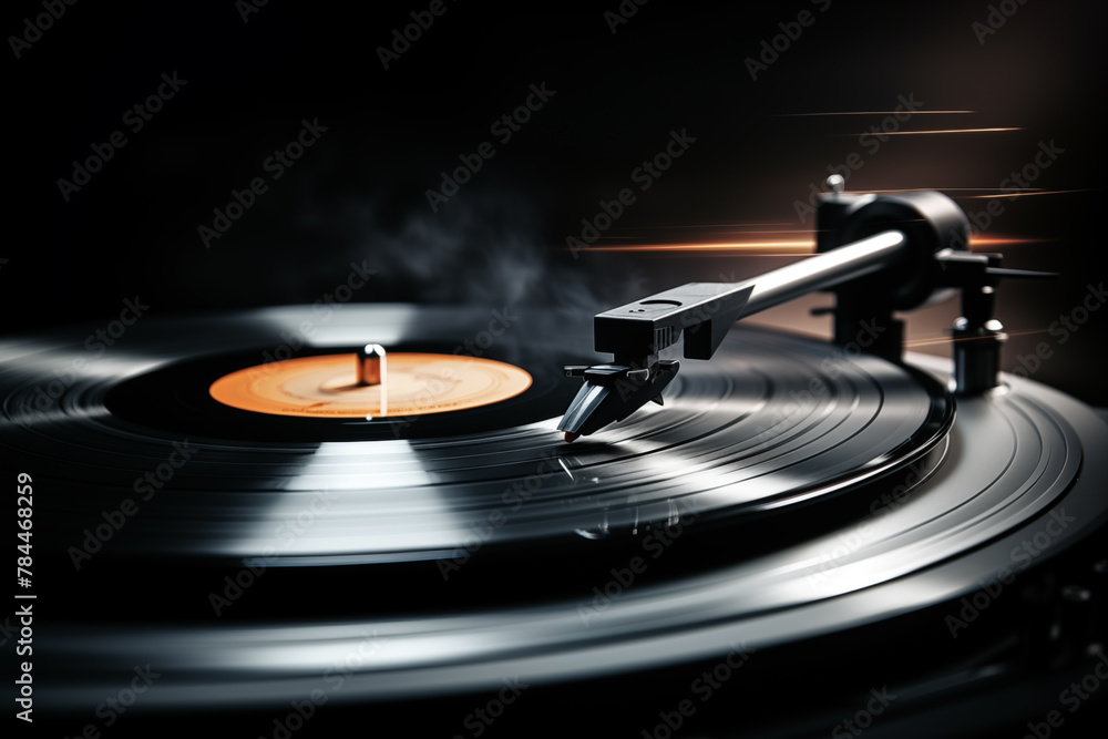 Vinyl record player in action with needle on record, music concept, dramatic lighting with smoke. Vinyl record player in action with needle on record, music concept, dramatic lighting with smoke.