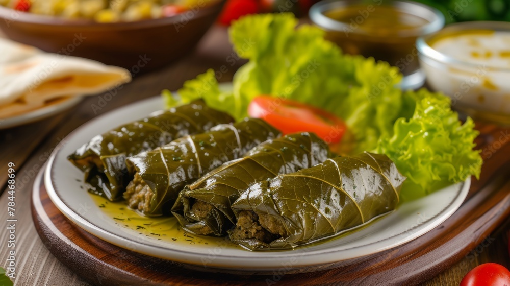 Stuffed grape leaves in pita plate on table Stuffed grape leaves in pita plate on table