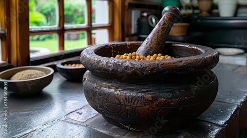  A mortar bowl filled with corn sits on the table, nearby are two bowls – one holding cereal, the other empty, waiting to be filled The cereal bowl is placed in